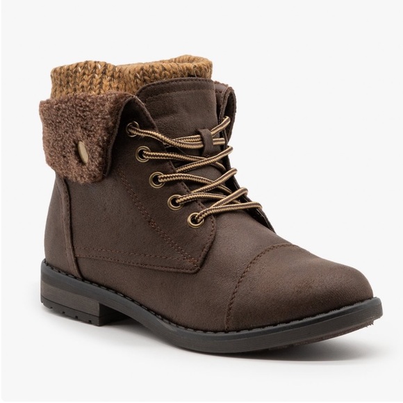 Brown Faux Shearling Cuff Combat Boots - Picture 5 of 8
